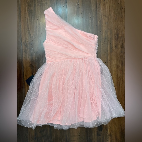 Lulu’s Exceptional Moments Light Pink Swiss Dot One Shoulder Mini Dress Size M - Picture 5 of 15